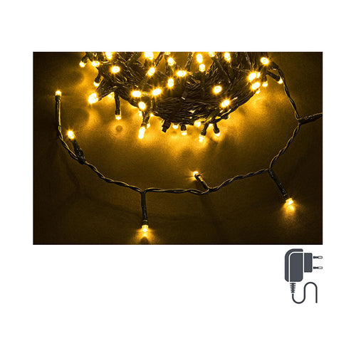 Zeleni kabal sa 500 led lampica veličine 5mm sa razmakom 5 cm, toplo svijetlo, ukupna dužina kabla sa lampicama 25 m, kabal za struju dodatnih 3 m. Sa 31V3.6W transformatorom, za unutrašnje i vanjsko korištenje. Lampice imaju 8 funkcija sa memorijom. Dimenzija: Materijal: Boja: