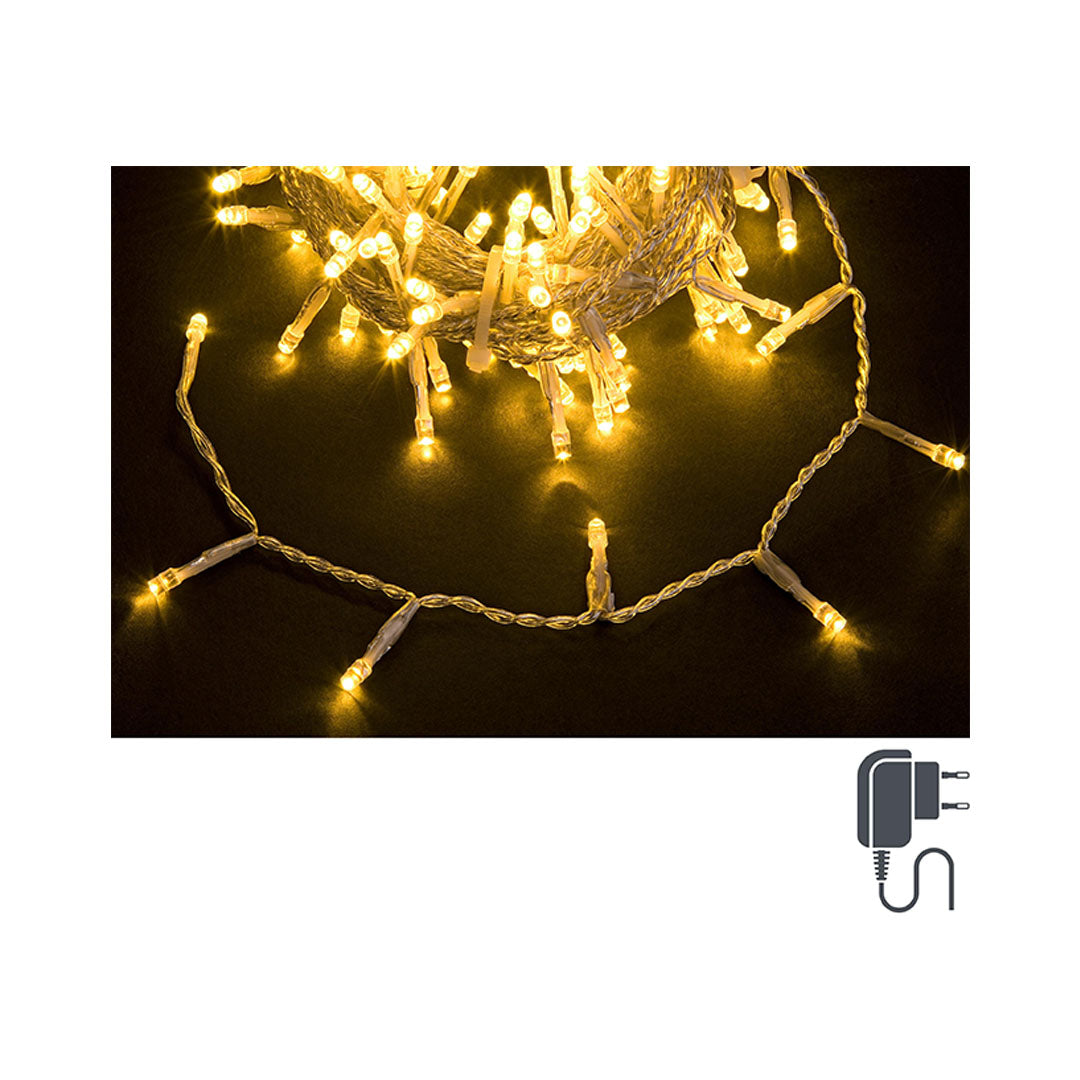 Prozirni kabal sa 300 led lampica veličine 5mm sa razmakom 5 cm, toplo svijetlo, ukupna dužina kabla sa lampicama 15 m, kabal za struju dodatnih 3 m. Sa 31V3.6W transformatorom, za unutrašnje i vanjsko korištenje. Lampice imaju 8 funkcija sa memorijom. Dimenzija: Materijal: Boja: