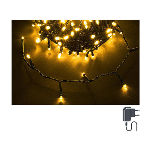 Zeleni kabal sa 1000 led lampica veličine 5mm sa razmakom 5 cm, toplo svijetlo, ukupna dužina kabla sa lampicama 50 m, kabal za struju dodatnih 3 m. Sa 31V3.6W transformatorom, za unutrašnje i vanjsko korištenje. Lampice imaju 8 funkcija sa memorijom. Dimenzija: Materijal: Boja: