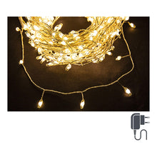 Učitajte sliku u preglednik galerije, Prozirni kabal sa 300 led lampica veličine 5mm sa razmakom 5 cm, toplo svijetlo, ukupna dužina kabla sa lampicama 15 m, kabal za struju dodatnih 3 m. Sa 12V-9W transformatorom, za unutrašnje i vanjsko korištenje. Lampice imaju 8 funkcija sa memorijom. Dimenzija: Materijal: Boja:
